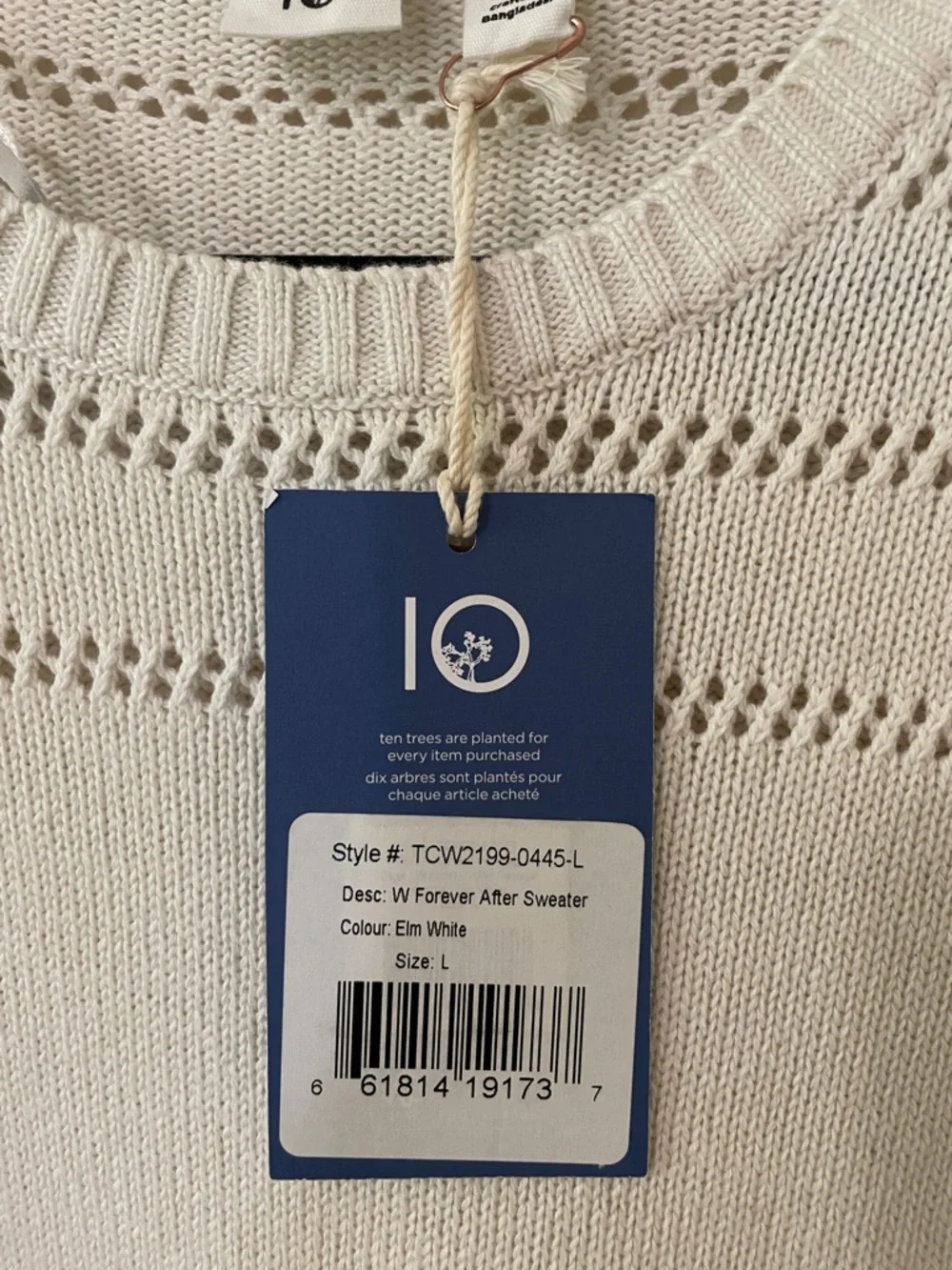 tentree Cream Open-Knit Yoke Crewneck Sweater 100% organic cotton NWT - Picture 3 of 12